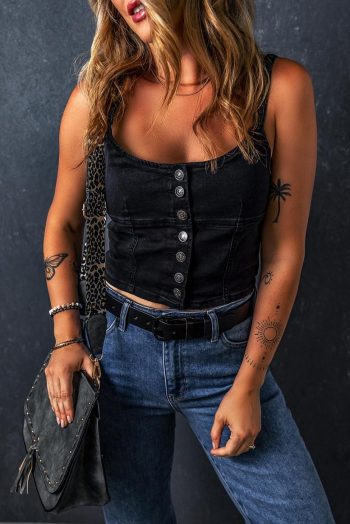 Women Black Acid Wash Buttoned Cropped Denim Cami Top | Sleeveless Tops